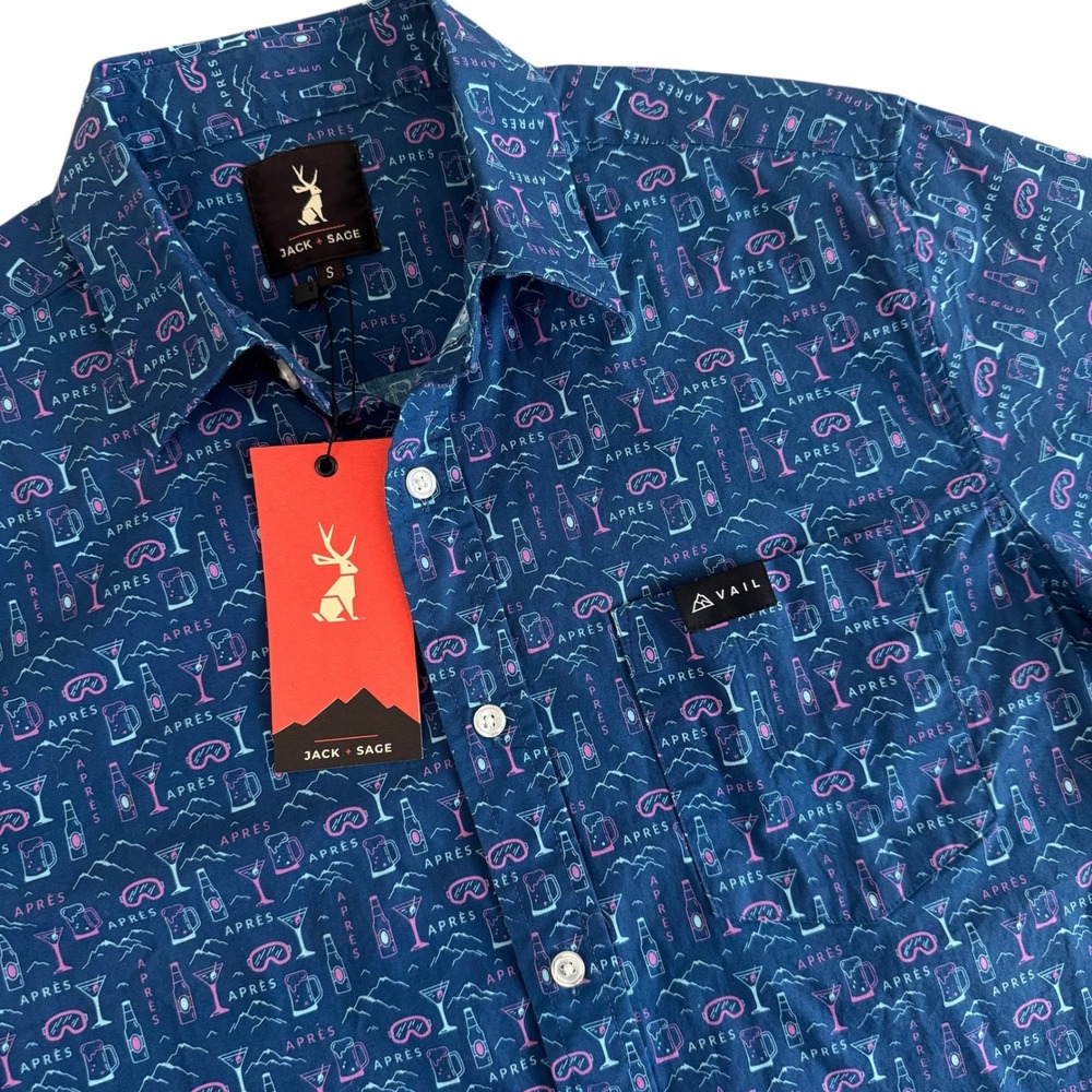 Jack + Sage Small Blue Après Ski Mountain Short Sleeve Button Down Shirt NWT